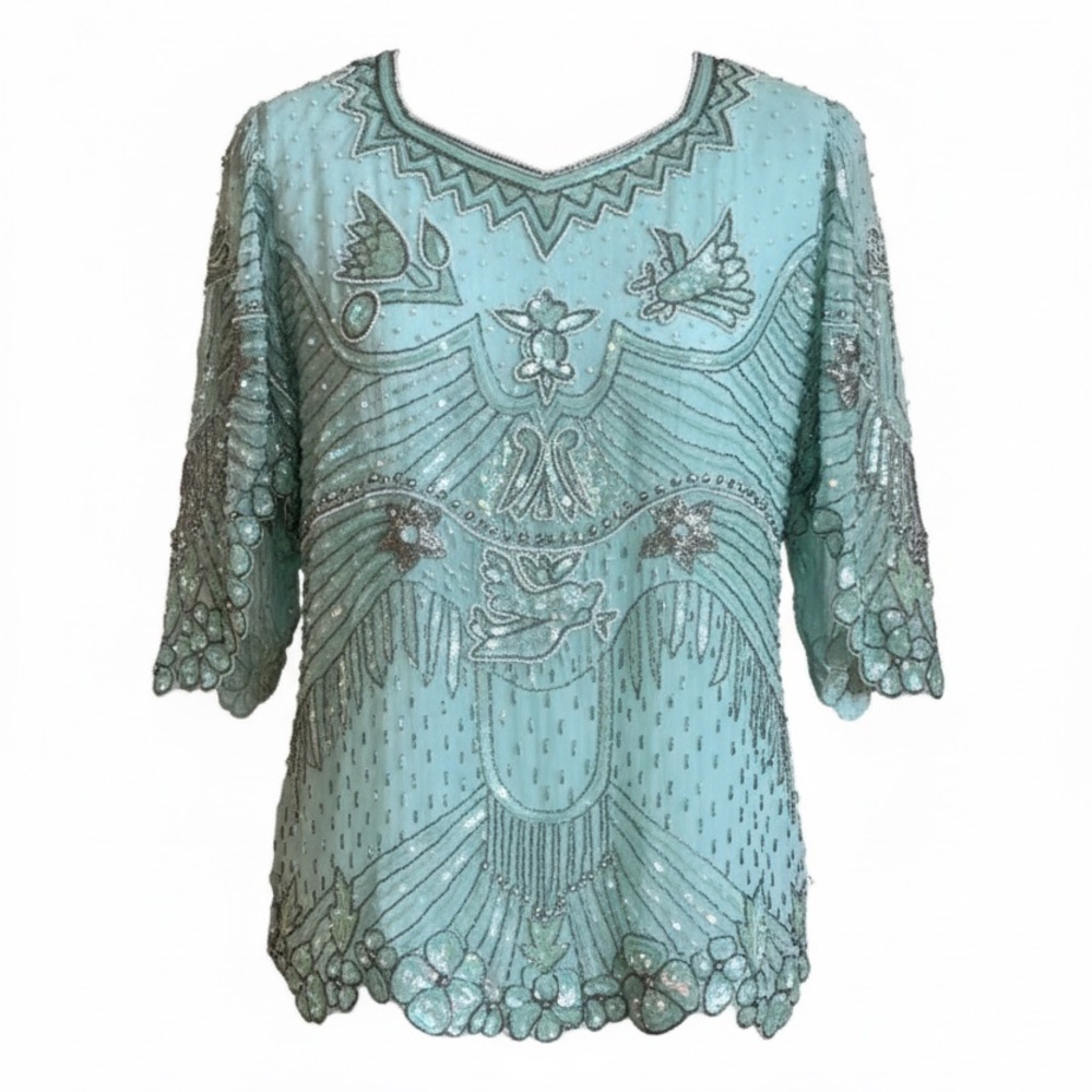 Vintage Odeon Beaded Sequin Silk Lined Blouse - Picture 1 of 12